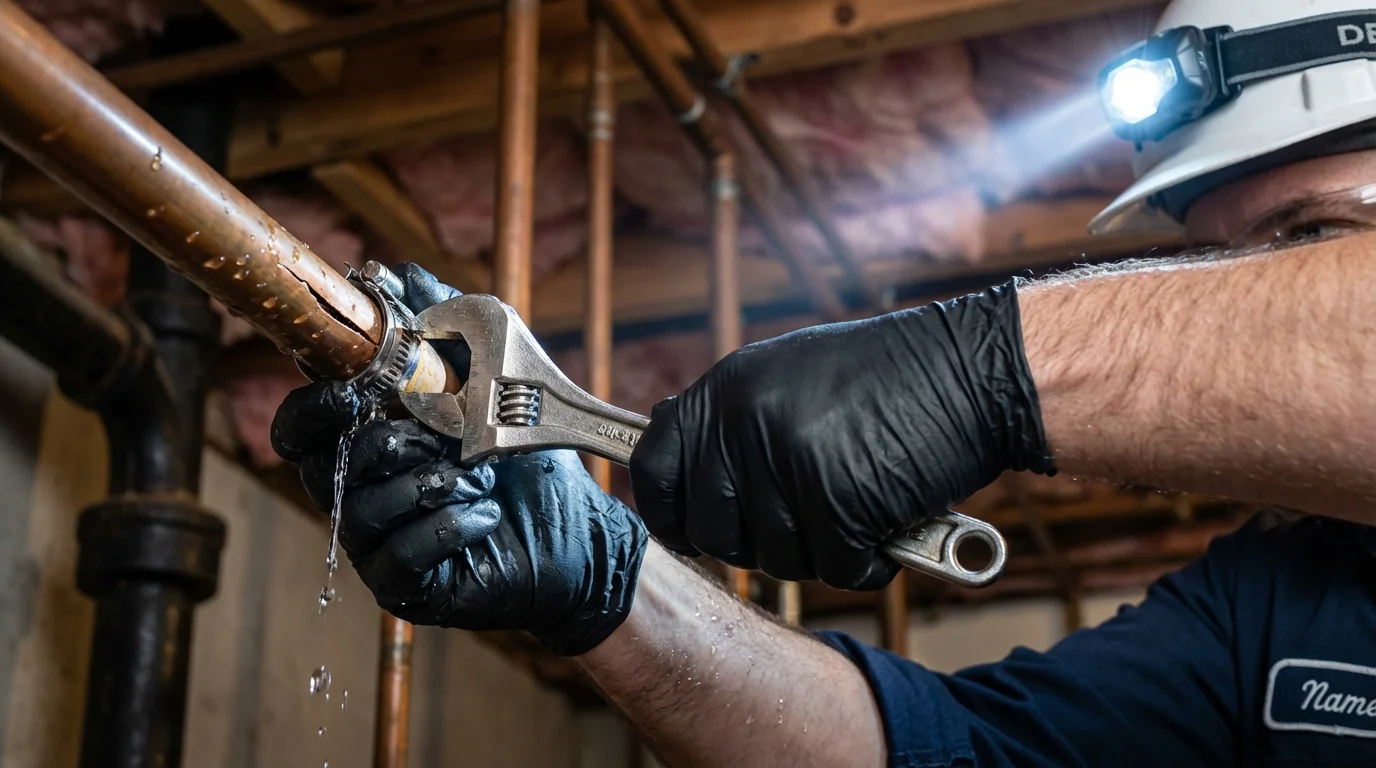 Emergency pipe clamp repair being performed by a Johns Plumbing LLC plumber in Venus