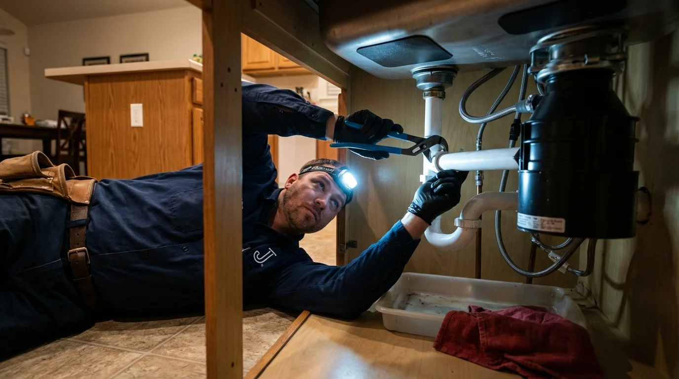 P-trap and supply line connections under a kitchen sink showing a common leak point in Venus, TX